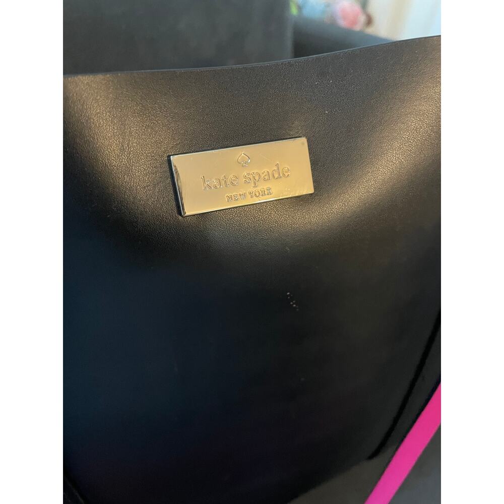 Kate Spade Black Leather Tote Bag Magenta Interior Gold Hardware Work Travel Bag - Picture 3 of 9